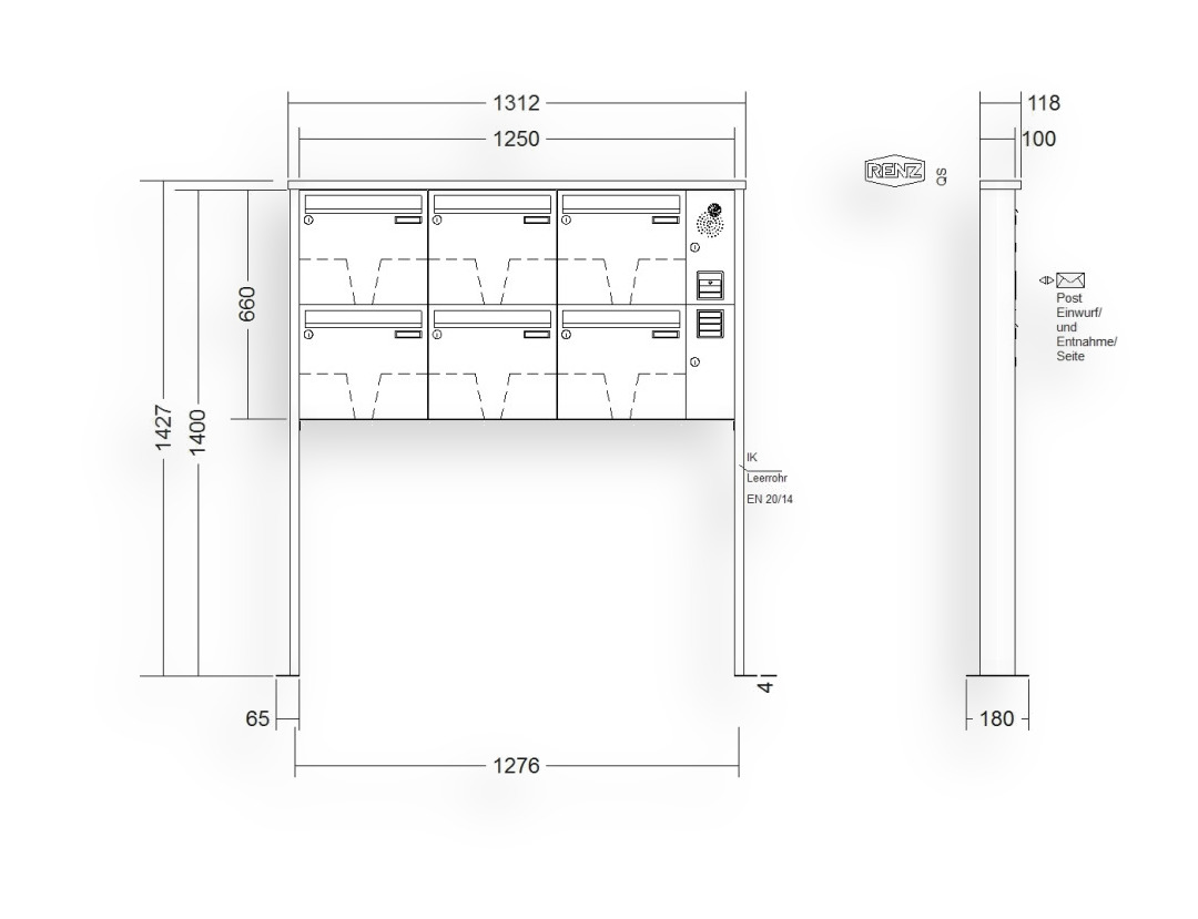 RENZ Briefkastenanlage freistehend · 6-teilig Installationskasten rechts 370 × 330 × 100 mm Tetro lackiert mit Fuß RENZ Briefkastenanlage freistehend · 6-teilig Installationskasten rechts 370 × 330 × 100 mm Tetro lackiert mit Fuß