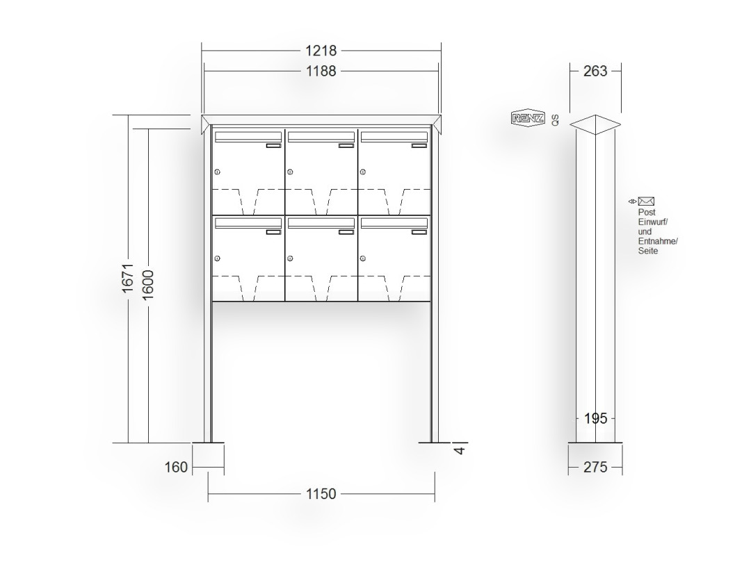 RENZ Briefkastenanlage freistehend · 6-teilig 370 × 440 × 145 mm Edelstahl Prisma mit Fußplatten RENZ Briefkastenanlage freistehend · 6-teilig 370 × 440 × 145 mm Edelstahl Prisma mit Fußplatten