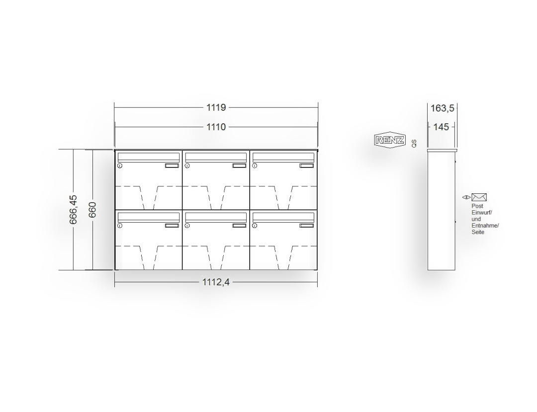 RENZ Briefkastenanlage Aufputz · BASIC (B) · 6-teilig 370 × 330 × 145 mm AP. Typ B Edel