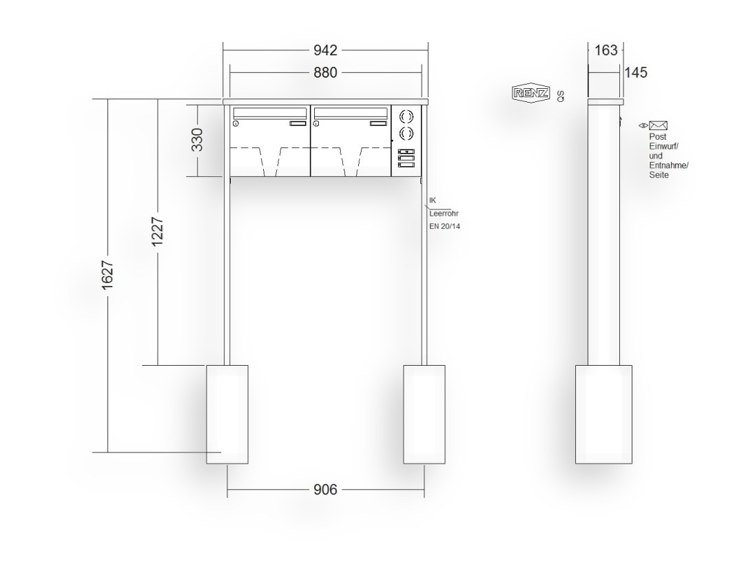 RENZ Briefkastenanlage freistehend · 2-teilig Installationskasten rechts 370 × 330 × 145 mm Edelstahl Tetro RENZ Briefkastenanlage freistehend · 2-teilig Installationskasten rechts 370 × 330 × 145 mm Edelstahl Tetro