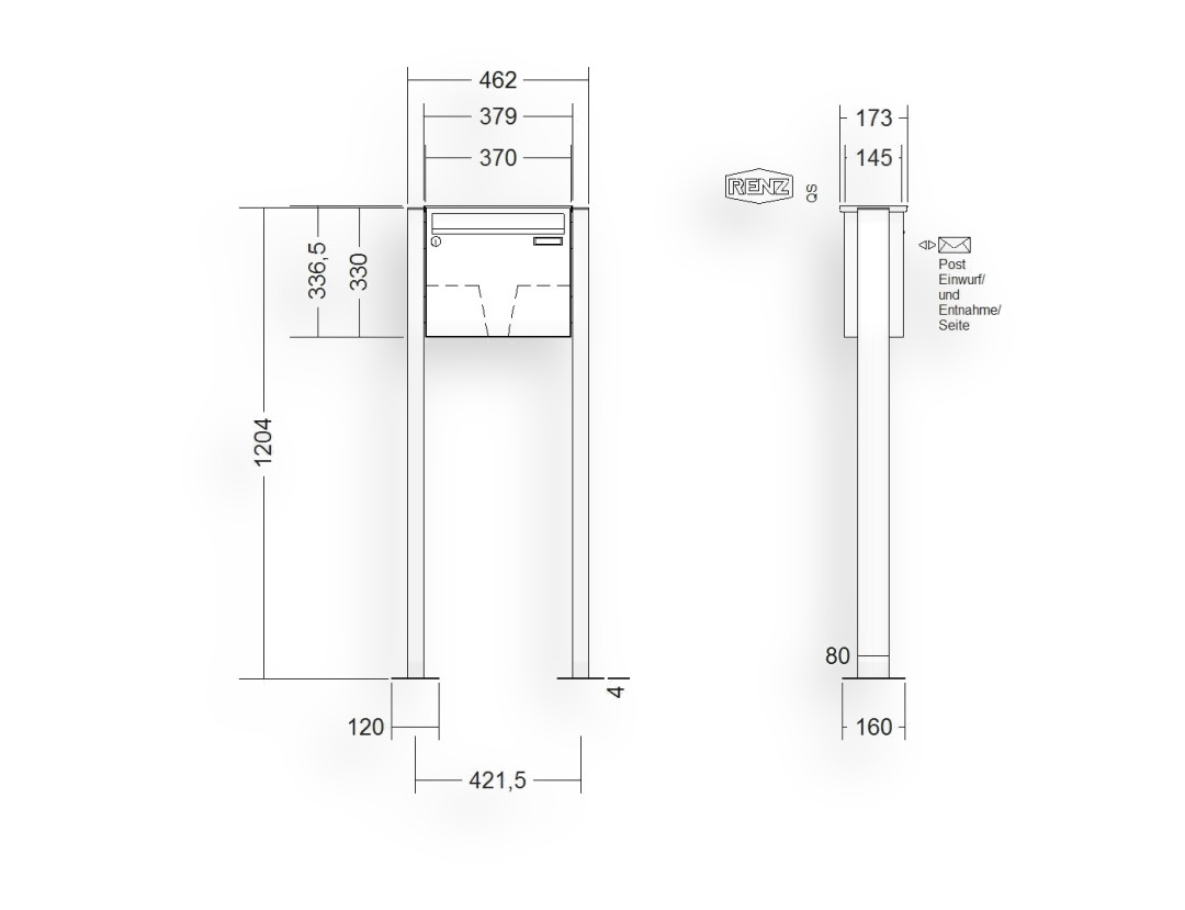 RENZ Briefkastenanlage freistehend · BASIC (B) · 1-teilig 370 × 330 × 145 mm FS. Typ B lackiert mit Fußplatte RENZ Briefkastenanlage freistehend · BASIC (B) · 1-teilig 370 × 330 × 145 mm FS. Typ B lackiert mit Fußplatte
