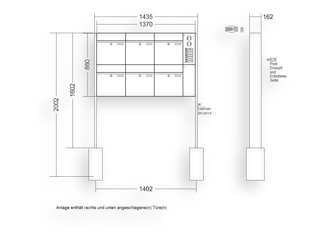 RENZ Briefkastenanlage freistehend · 6-teilig RENZ PLAN 400 × 440 × 160 mm FS Installationskasten rechts lackiert RENZ Briefkastenanlage freistehend · 6-teilig RENZ PLAN 400 × 440 × 160 mm FS Installationskasten rechts lackiert