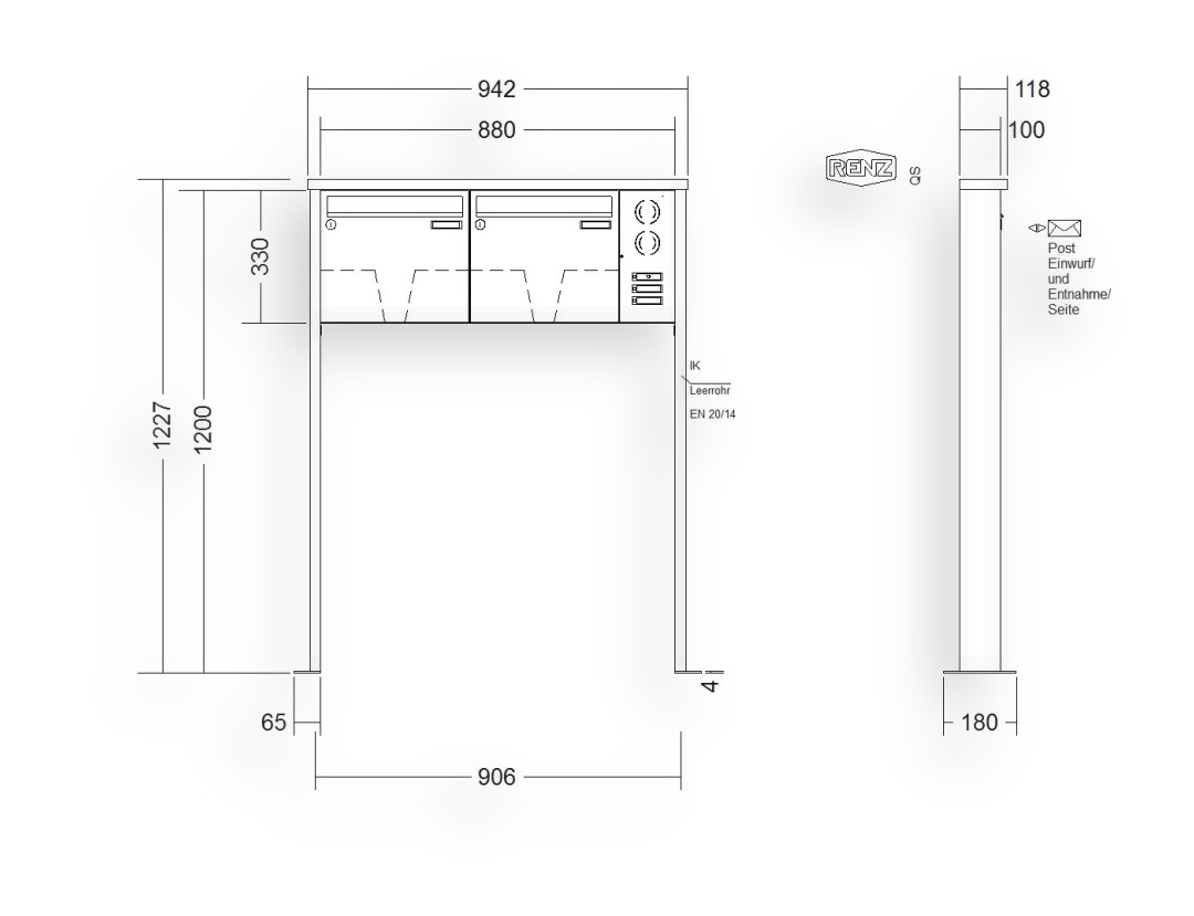 RENZ Briefkastenanlage freistehend · 2-teilig Installationskasten rechts 370 × 330 × 100 mm Edelstahl Tetro mit Fußpla RENZ Briefkastenanlage freistehend · 2-teilig Installationskasten rechts 370 × 330 × 100 mm Edelstahl Tetro mit Fu