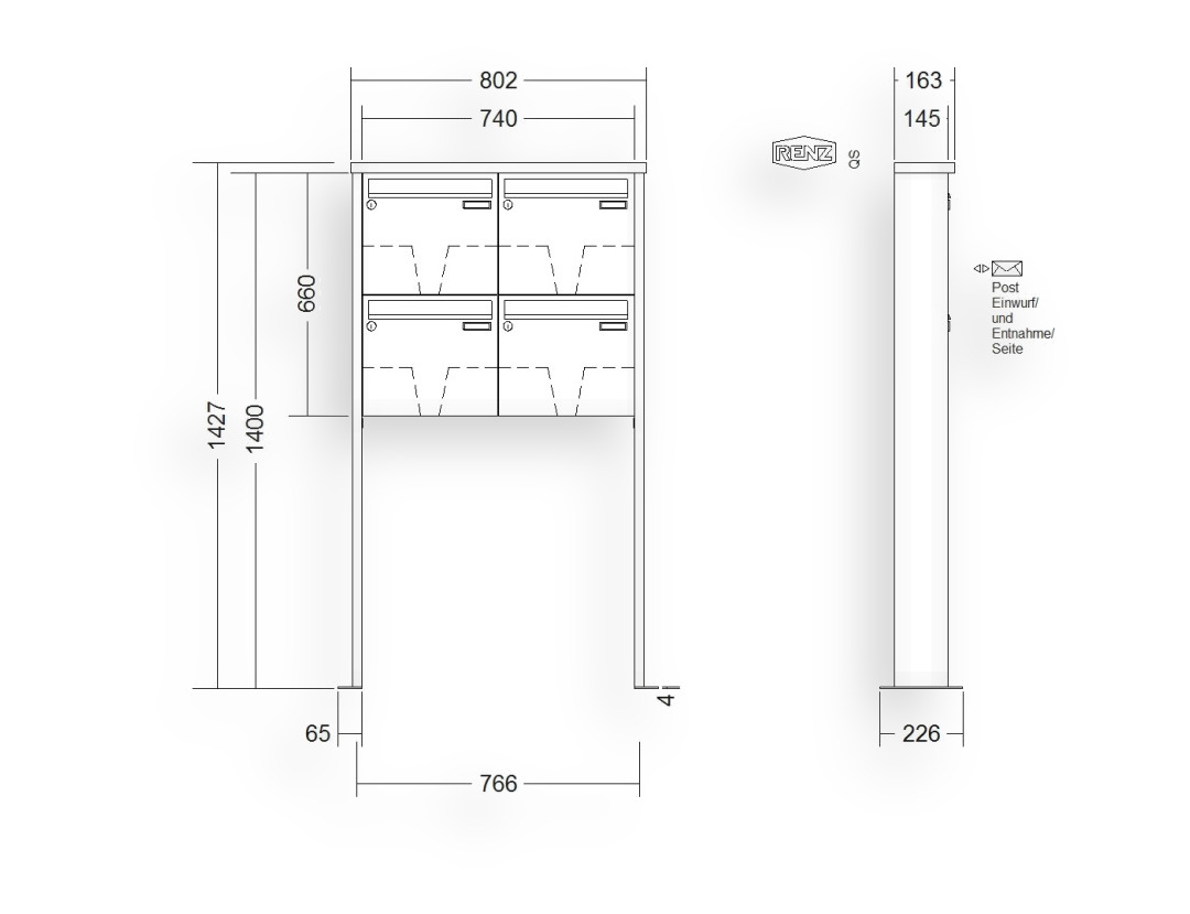 RENZ Briefkastenanlage freistehend · 4-teilig 370 × 330 × 145 mm Edelstahl Tetro mit Fußplatten RENZ Briefkastenanlage freistehend · 4-teilig 370 × 330 × 145 mm Edelstahl Tetro mit Fußplatten