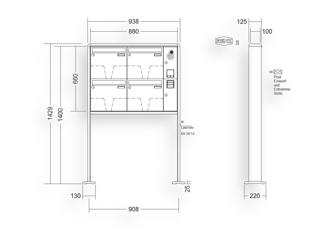 RENZ Briefkastenanlage freistehend · 4-teilig Installationskasten rechts 370 × 330 × 100 mm RS 2000 lackiert mit Fuß RENZ Briefkastenanlage freistehend · 4-teilig Installationskasten rechts 370 × 330 × 100 mm RS 2000 lackiert mit F