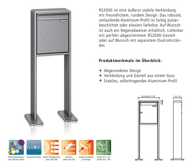 RENZ RS 2000 freistehende Briefkastenanlage – Katalogbild mit technischer Zeichnung, rundes Aluminium-Profil