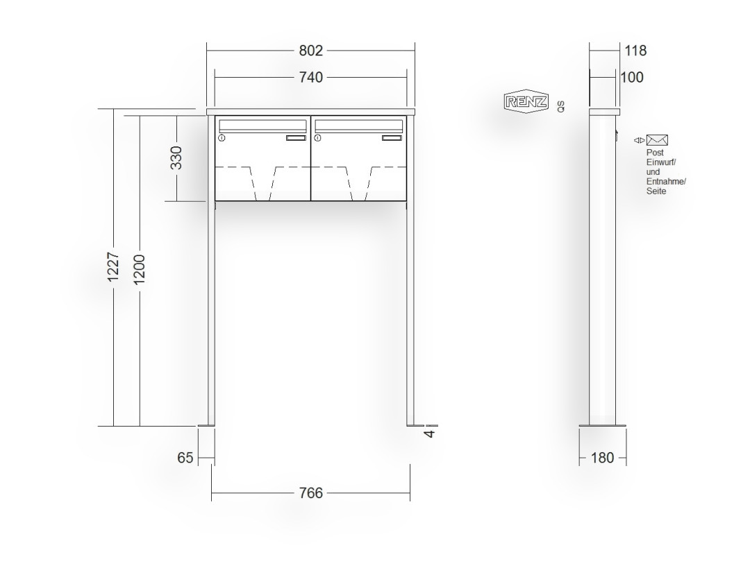 RENZ Briefkastenanlage freistehend · 2-teilig 370 × 330 × 100 mm Edelstahl Tetro mit Fuß RENZ Briefkastenanlage freistehend · 2-teilig 370 × 330 × 100 mm Edelstahl Tetro mit Fuß