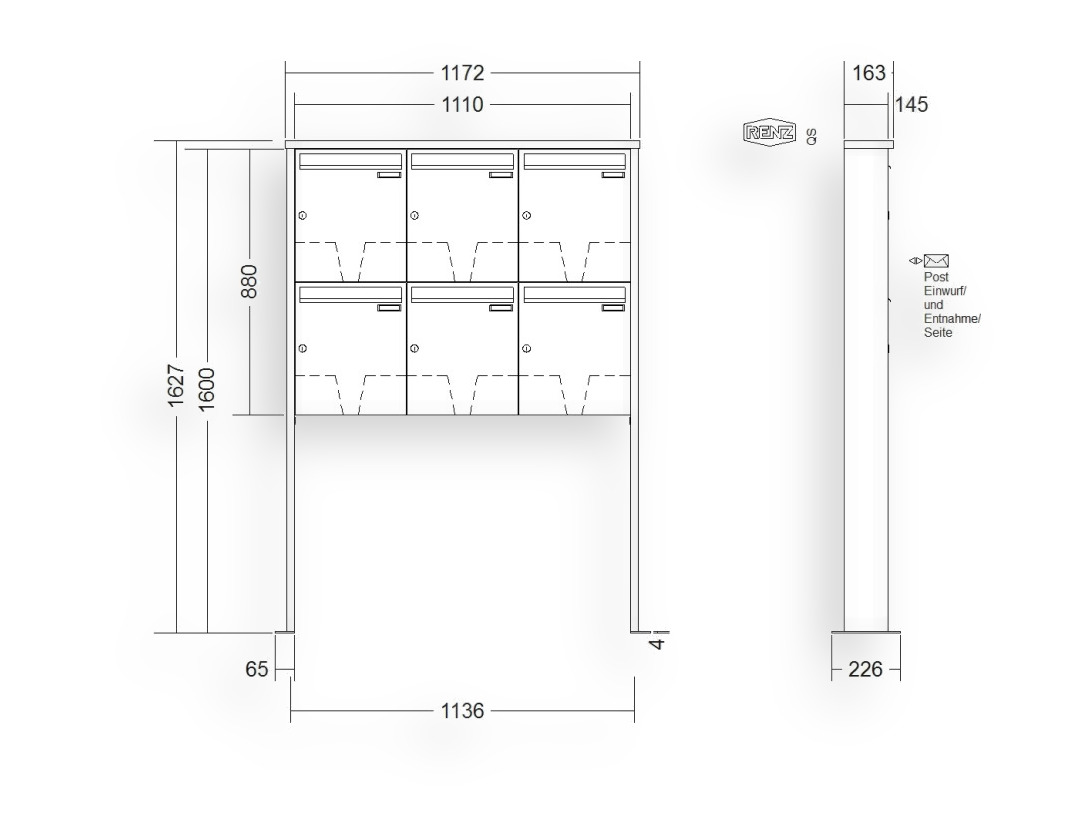 RENZ Briefkastenanlage freistehend · 6-teilig 370 × 440 × 145 mm Tetro lackiert mit Fußplatten RENZ Briefkastenanlage freistehend · 6-teilig 370 × 440 × 145 mm Tetro lackiert mit Fußplatten