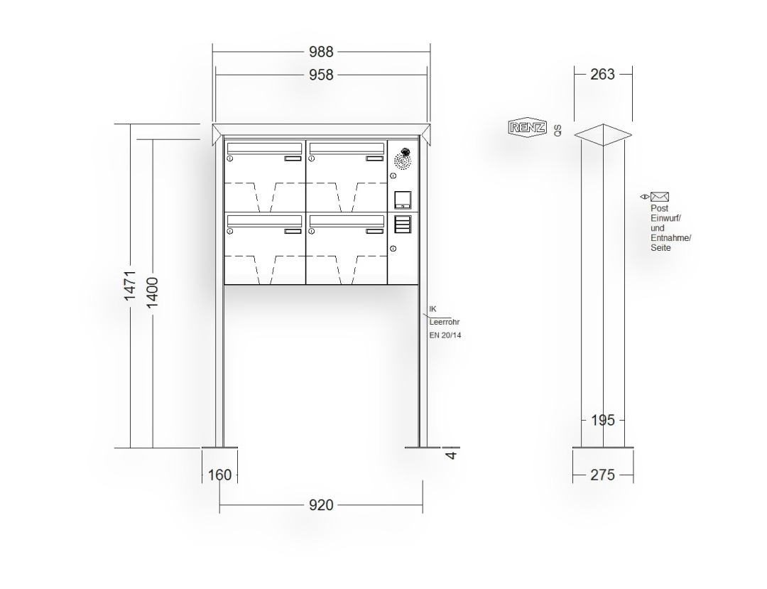 RENZ Briefkastenanlage freistehend · 4-teilig Installationskasten rechts 370 × 330 × 145 mm Prisma lackiert mit Fuß RENZ Briefkastenanlage freistehend · 4-teilig Installationskasten rechts 370 × 330 × 145 mm Prisma lackiert mit Fuß