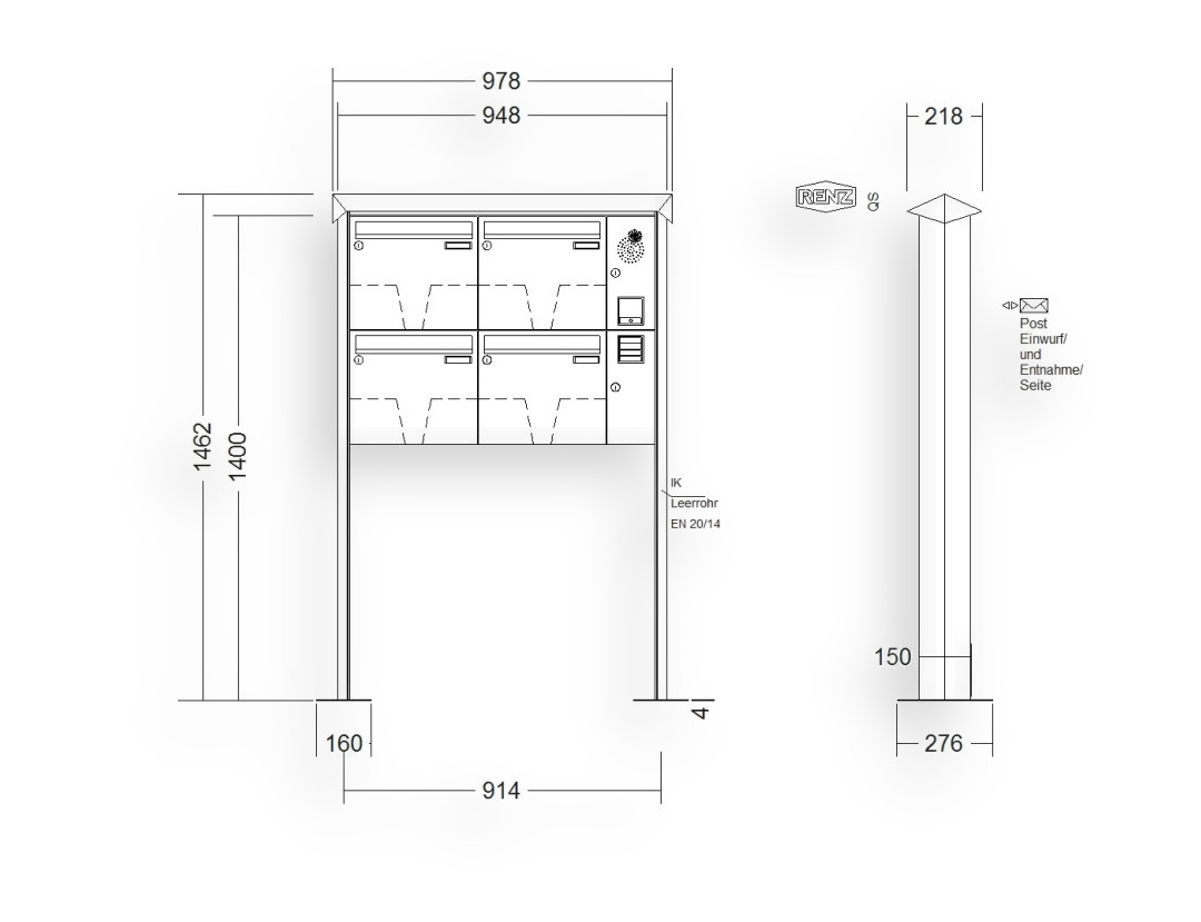 RENZ Briefkastenanlage freistehend · 4-teilig Installationskasten rechts 370 × 330 × 100 mm Prisma lackiert mit Fuß RENZ Briefkastenanlage freistehend · 4-teilig Installationskasten rechts 370 × 330 × 100 mm Prisma lackiert mit Fuß