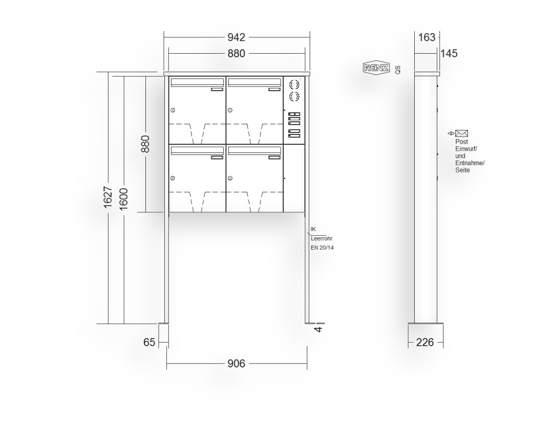 RENZ Briefkastenanlage freistehend · 4-teilig Installationskasten rechts 370 × 440 × 145 mm Edelstahl Tetro mit Fußplat RENZ Briefkastenanlage freistehend · 4-teilig Installationskasten rechts 370 × 440 × 145 mm Edelstahl Tetro mit Fu