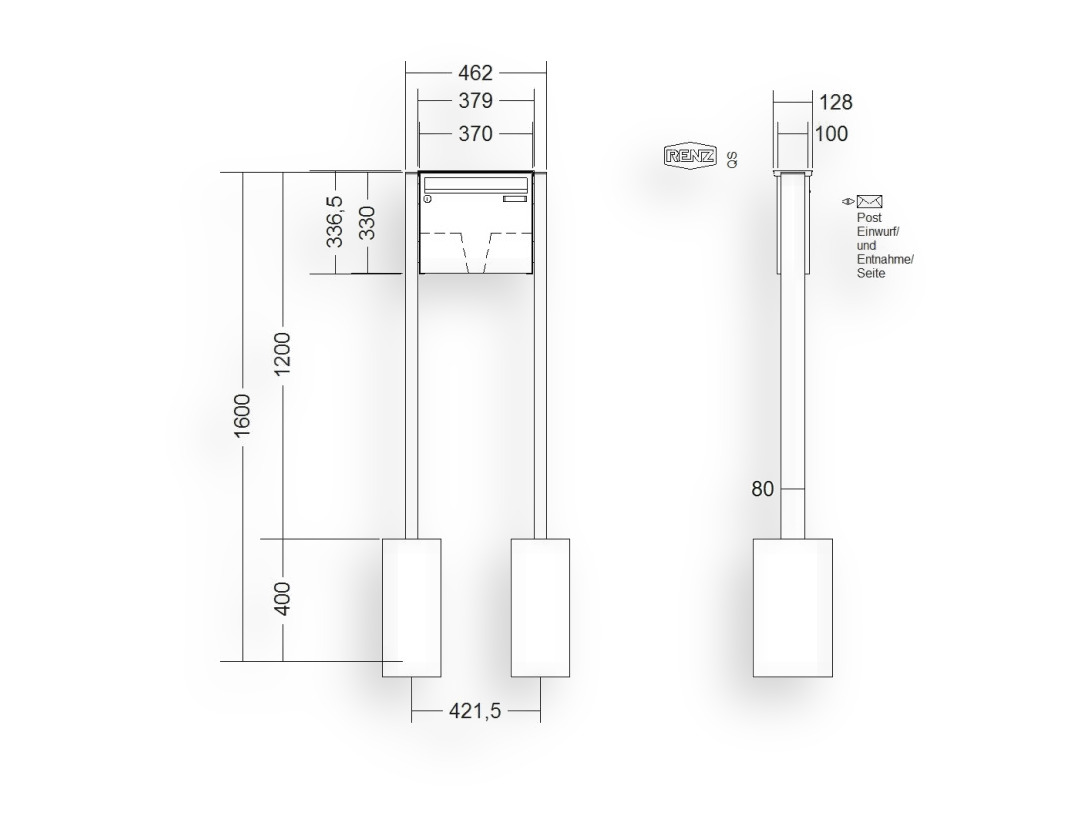 RENZ Briefkastenanlage freistehend · BASIC (B) · 1-teilig 370 × 330 × 100 mm FS. Typ B lackiert