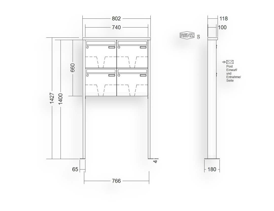 RENZ Briefkastenanlage freistehend · 4-teilig 370 × 330 × 100 mm Edelstahl Tetro mit Fuß RENZ Briefkastenanlage freistehend · 4-teilig 370 × 330 × 100 mm Edelstahl Tetro mit Fuß
