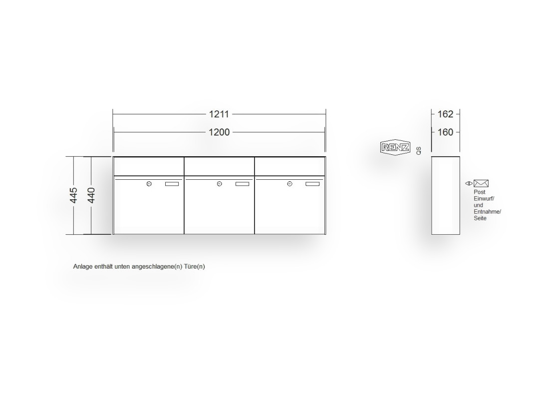 RENZ Briefkastenanlage Aufputz · 3-teilig RENZ PLAN 400 × 440 × 160 mm AP lackiert RENZ Briefkastenanlage Aufputz · 3-teilig RENZ PLAN 400 × 440 × 160 mm AP lackiert