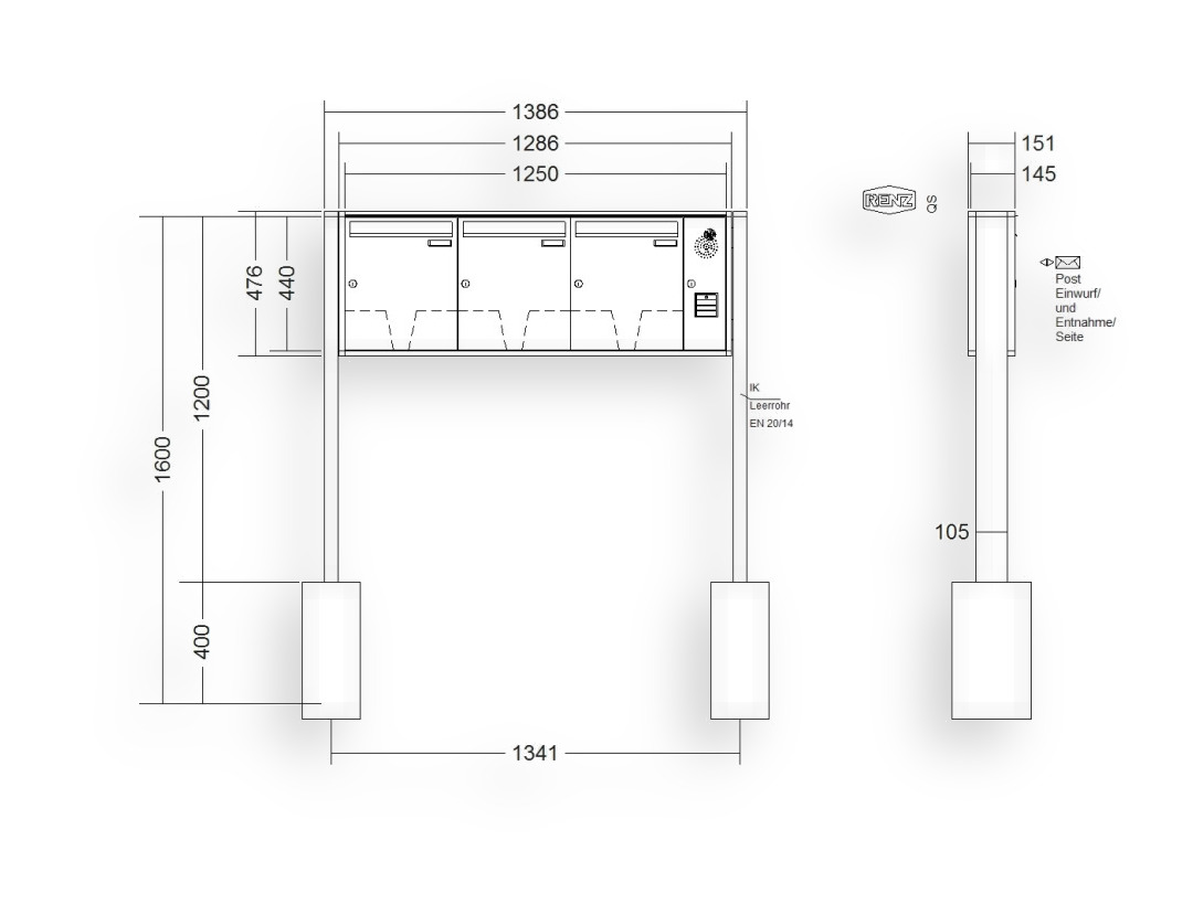 RENZ Briefkastenanlage freistehend · 3-teilig Installationskasten rechts 370 × 440 × 145 mm QUADRA lackiert RENZ Briefkastenanlage freistehend · 3-teilig Installationskasten rechts 370 × 440 × 145 mm QUADRA lackiert