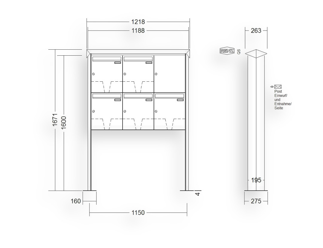 RENZ Briefkastenanlage freistehend · 5-teilig 370 × 440 × 145 mm Edelstahl Prisma mit Fußplatten RENZ Briefkastenanlage freistehend · 5-teilig 370 × 440 × 145 mm Edelstahl Prisma mit Fußplatten