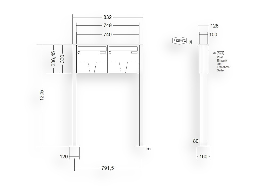 RENZ Briefkastenanlage freistehend · BASIC (B) · 2-teilig 370 × 330 × 100 mm FS. Typ B Edel. mit Fußplatte RENZ Briefkastenanlage freistehend · BASIC (B) · 2-teilig 370 × 330 × 100 mm FS. Typ B Edel. mit Fußplatte