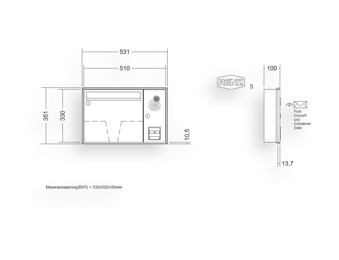 RENZ Briefkastenanlage Unterputz · Schattenfugenrahmen · 1-teilig Installationskasten rechts 370 × 330 × 100 mm Anp. Schattenfugenr RENZ Briefkastenanlage Unterputz · Schattenfugenrahmen · 1-teilig Installationskasten rechts 370 × 330 × 100 mm An