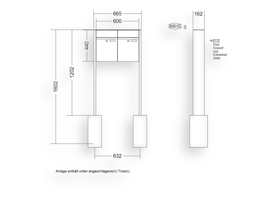 RENZ Briefkastenanlage freistehend · 2-teilig RENZ PLAN 300 × 440 × 160 mm FS lackiert