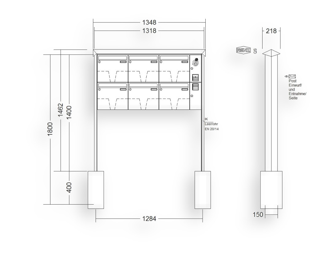 RENZ Briefkastenanlage freistehend · 6-teilig Installationskasten rechts 370 × 330 × 100 mm Prisma lackiert RENZ Briefkastenanlage freistehend · 6-teilig Installationskasten rechts 370 × 330 × 100 mm Prisma lackiert