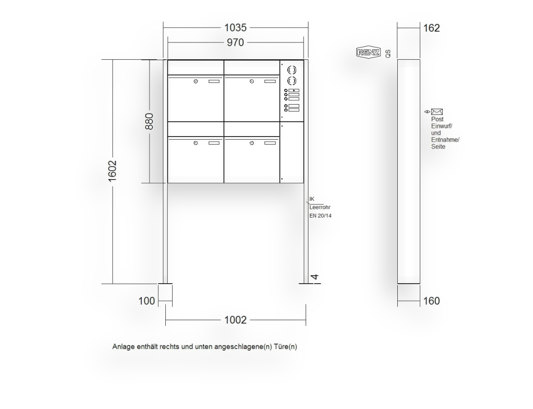 RENZ Briefkastenanlage freistehend · 4-teilig RENZ PLAN 400 × 440 × 160 mm FS Installationskasten rechts Edel. mit RENZ Briefkastenanlage freistehend · 4-teilig RENZ PLAN 400 × 440 × 160 mm FS Installationskasten rechts Edel. mit