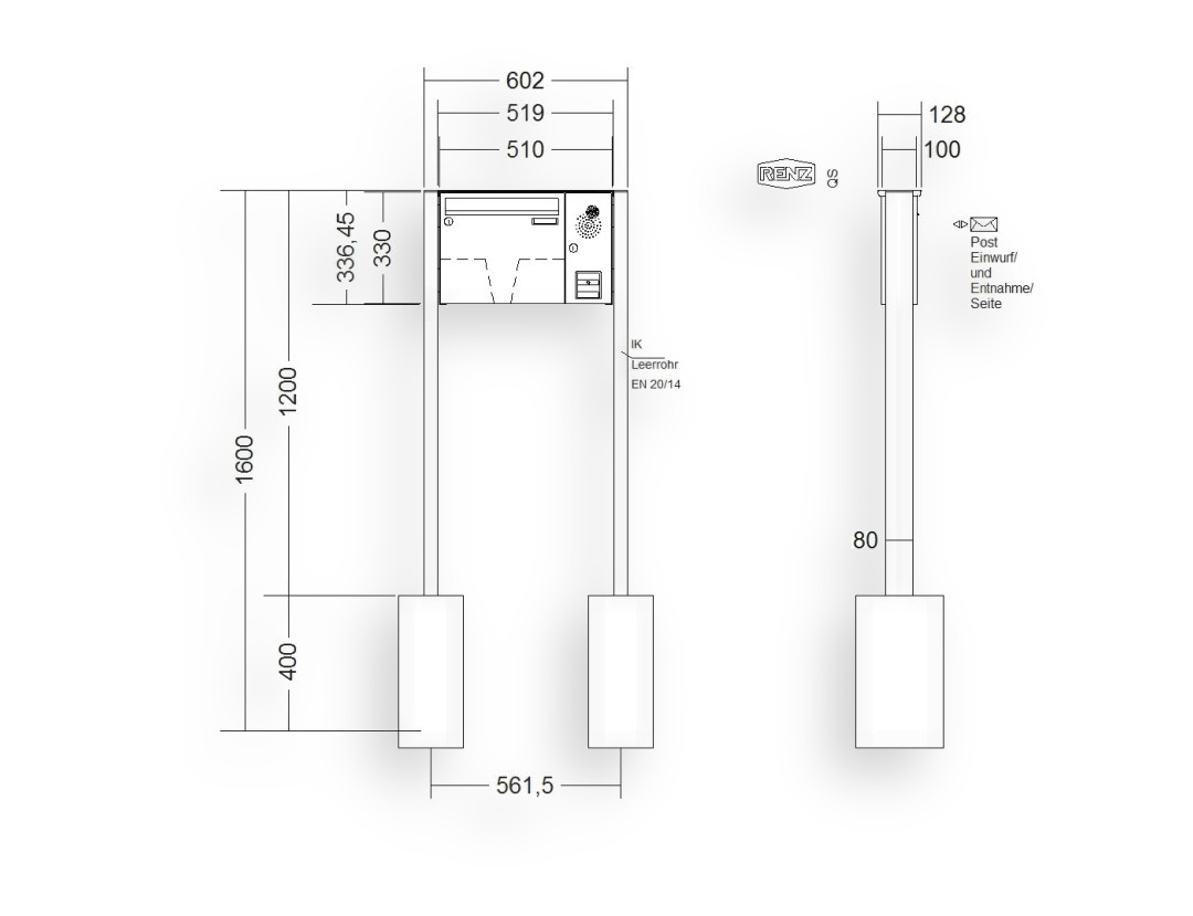 RENZ Briefkastenanlage freistehend · BASIC (B) · 1-teilig 370 × 330 × 100 mm FS. Typ B Installationskasten rechts