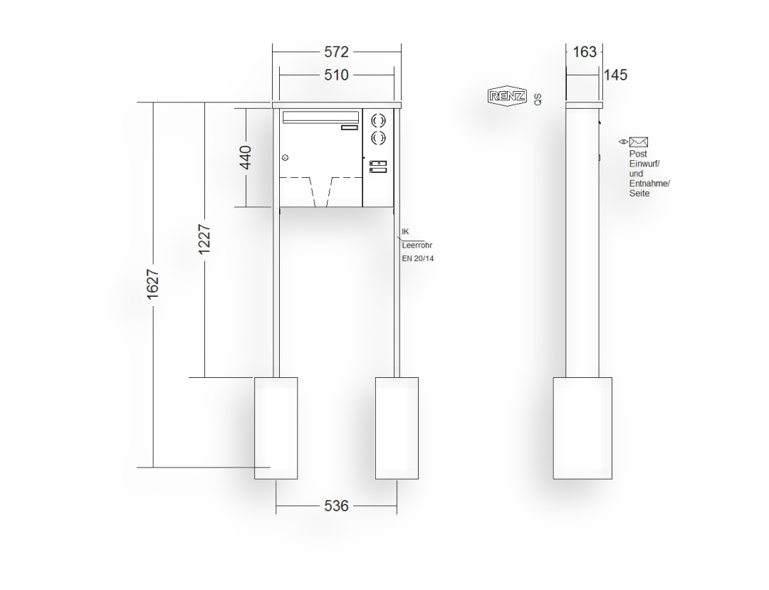 RENZ Briefkastenanlage freistehend · 1-teilig Installationskasten rechts 370 × 440 × 145 mm Edelstahl Tetro RENZ Briefkastenanlage freistehend · 1-teilig Installationskasten rechts 370 × 440 × 145 mm Edelstahl Tetro