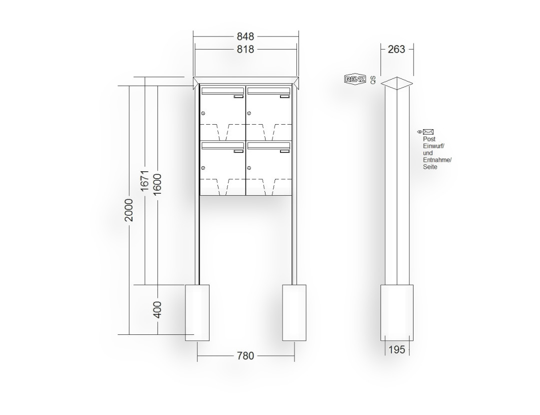 RENZ Briefkastenanlage freistehend · 4-teilig 370 × 440 × 145 mm Edelstahl Prisma RENZ Briefkastenanlage freistehend · 4-teilig 370 × 440 × 145 mm Edelstahl Prisma
