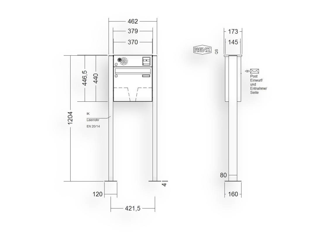 RENZ Briefkastenanlage freistehend · BASIC (B) · 1-teilig 370 × 330 × 145 mm FS. Typ B Inst. lackiert mit Fuß