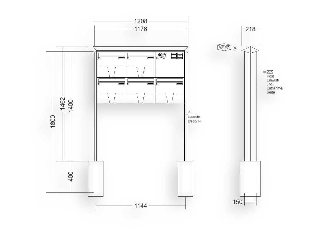 RENZ Briefkastenanlage freistehend · 5-teilig Installationskasten rechts 370 × 330 × 100 mm Prisma lackiert RENZ Briefkastenanlage freistehend · 5-teilig Installationskasten rechts 370 × 330 × 100 mm Prisma lackiert