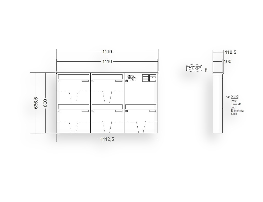 RENZ Briefkastenanlage Aufputz · BASIC (B) · 5-teilig 370 × 330 × 100 mm AP. Typ B Installationskasten rechts lackiert RENZ Briefkastenanlage Aufputz · BASIC (B) · 5-teilig 370 × 330 × 100 mm AP. Typ B Installationskasten rechts lack