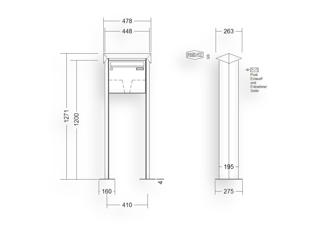 RENZ Briefkastenanlage freistehend · 1-teilig 370 × 330 × 145 mm Edelstahl Prisma mit Fuß