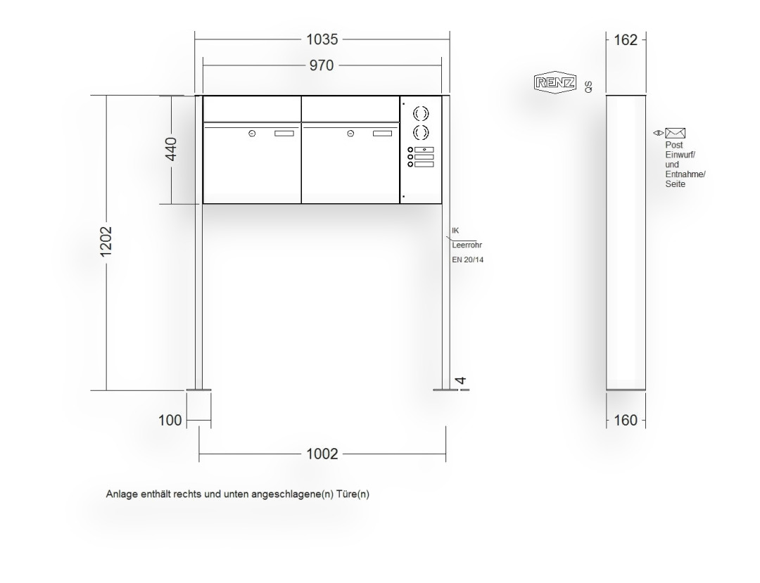 RENZ Briefkastenanlage freistehend · 2-teilig RENZ PLAN 400 × 440 × 160 mm FS Installationskasten rechts Edel. mit