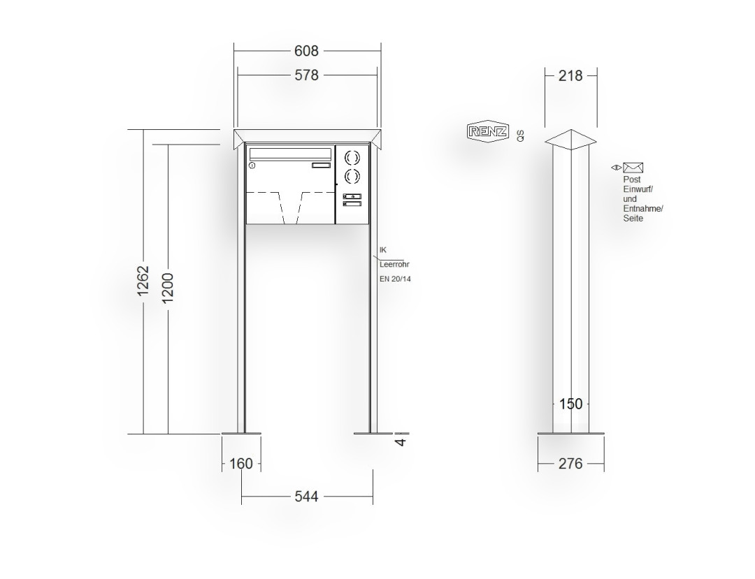 RENZ Briefkastenanlage freistehend · 1-teilig Installationskasten rechts 370 × 330 × 100 mm Edelstahl Prisma mit Fuß RENZ Briefkastenanlage freistehend · 1-teilig Installationskasten rechts 370 × 330 × 100 mm Edelstahl Prisma mit F