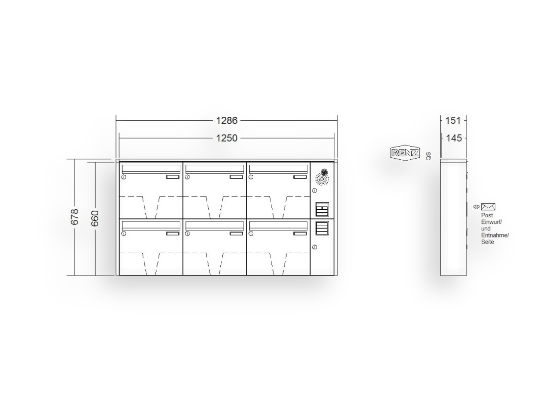 RENZ Briefkastenanlage Aufputz · 6-teilig Installationskasten rechts 370 × 330 × 145 mm QUADRA lackiert RENZ Briefkastenanlage Aufputz · 6-teilig Installationskasten rechts 370 × 330 × 145 mm QUADRA lackiert