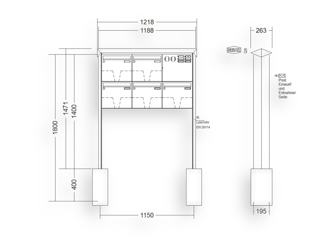 RENZ Briefkastenanlage freistehend · 5-teilig Installationskasten rechts 370 × 330 × 145 mm Edelstahl Prisma RENZ Briefkastenanlage freistehend · 5-teilig Installationskasten rechts 370 × 330 × 145 mm Edelstahl Prisma