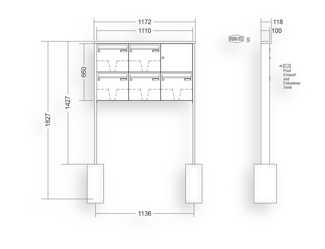 RENZ Briefkastenanlage freistehend · 5-teilig 370 × 330 × 100 mm Tetro lackiert RENZ Briefkastenanlage freistehend · 5-teilig 370 × 330 × 100 mm Tetro lackiert