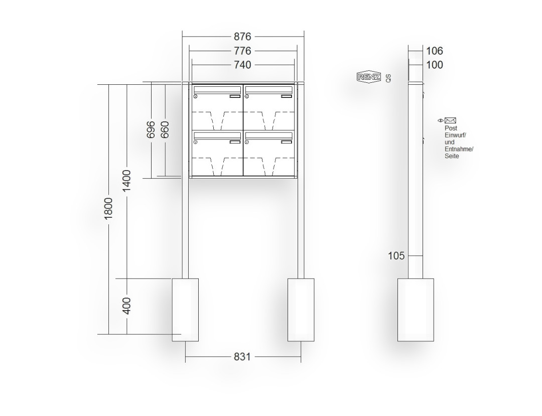 RENZ Briefkastenanlage freistehend · 4-teilig 370 × 330 × 100 mm QUADRA lackiert RENZ Briefkastenanlage freistehend · 4-teilig 370 × 330 × 100 mm QUADRA lackiert