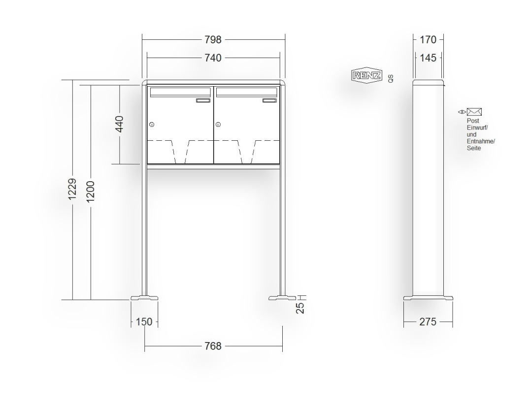 RENZ Briefkastenanlage freistehend · 2-teilig 370 × 440 × 145 mm RS 2000 lackiert mit Fußplatten RENZ Briefkastenanlage freistehend · 2-teilig 370 × 440 × 145 mm RS 2000 lackiert mit Fußplatten
