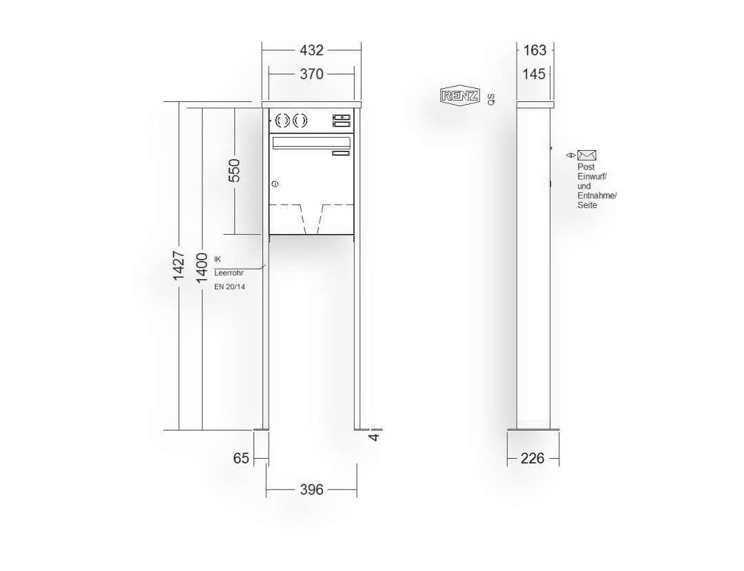 RENZ Briefkastenanlage freistehend · 1-teilig Installationskasten oben 370 × 440 × 145 mm Edelstahl Tetro mit Fuß RENZ Briefkastenanlage freistehend · 1-teilig Installationskasten oben 370 × 440 × 145 mm Edelstahl Tetro mit Fuß