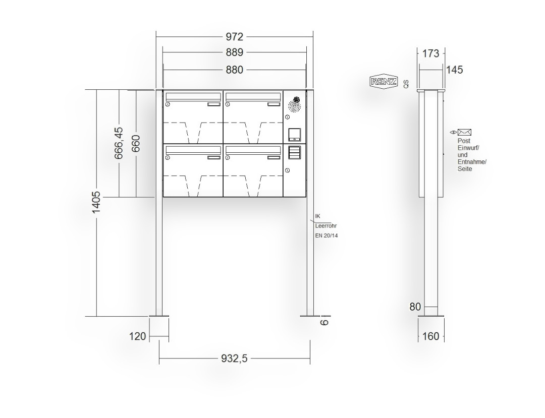 RENZ Briefkastenanlage freistehend · BASIC (B) · 4-teilig 370 × 330 × 145 mm FS. Typ B Installationskasten rechts Edel. mit F RENZ Briefkastenanlage freistehend · BASIC (B) · 4-teilig 370 × 330 × 145 mm FS. Typ B Installationskasten rechts