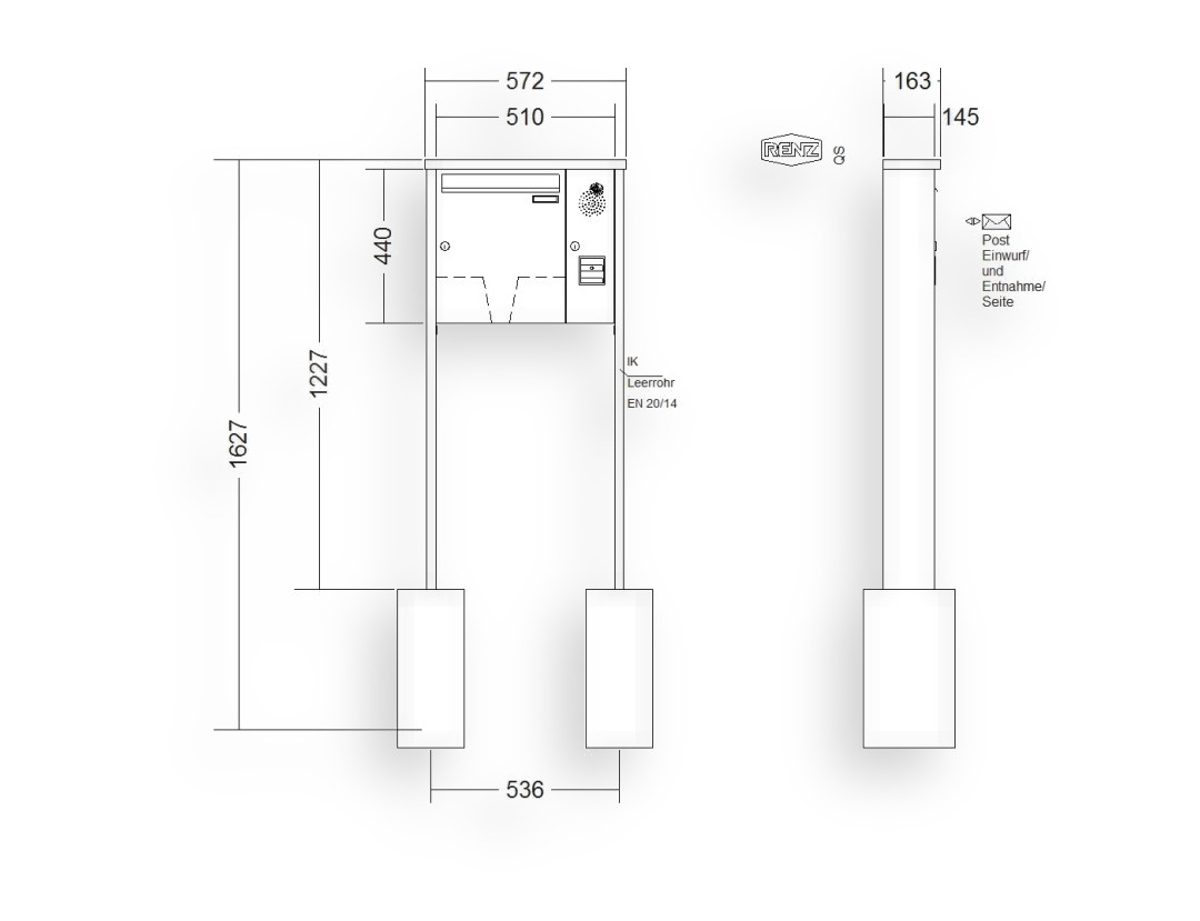 RENZ Briefkastenanlage freistehend · 1-teilig Installationskasten rechts 370 × 440 × 145 mm Tetro lackiert