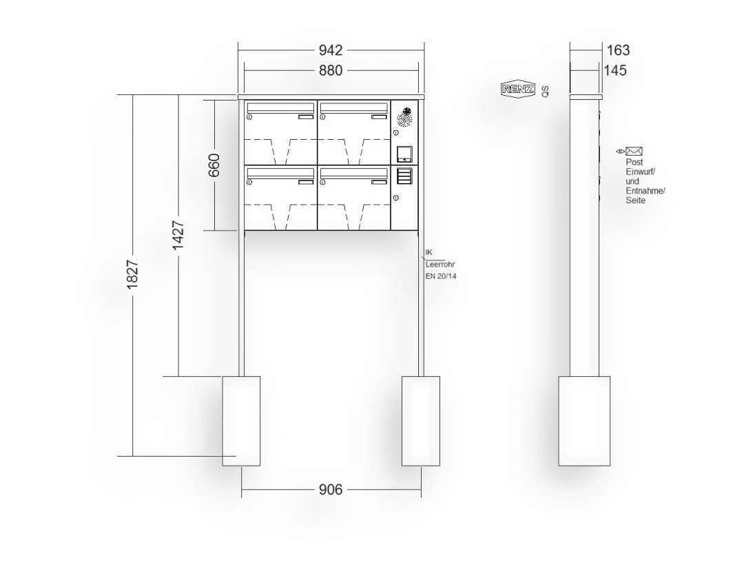 RENZ Briefkastenanlage freistehend · 4-teilig Installationskasten rechts 370 × 330 × 145 mm Tetro lackiert RENZ Briefkastenanlage freistehend · 4-teilig Installationskasten rechts 370 × 330 × 145 mm Tetro lackiert