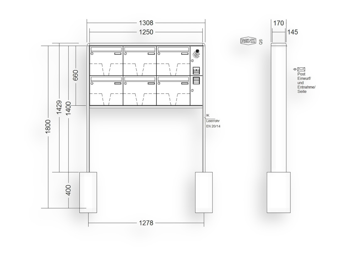 RENZ Briefkastenanlage freistehend · 6-teilig Installationskasten rechts 370 × 330 × 145 mm RS 2000 lackiert RENZ Briefkastenanlage freistehend · 6-teilig Installationskasten rechts 370 × 330 × 145 mm RS 2000 lackiert