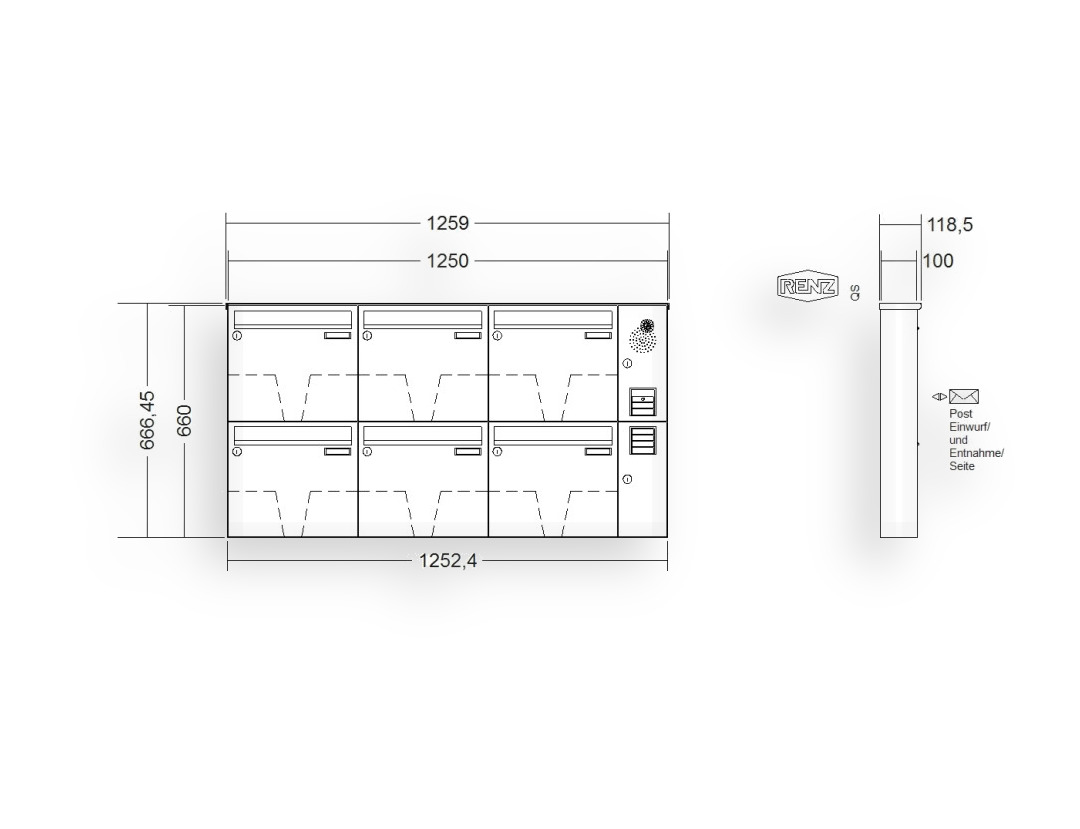 RENZ Briefkastenanlage Aufputz · BASIC (B) · 6-teilig 370 × 330 × 100 mm AP. Typ B Installationskasten rechts Edel RENZ Briefkastenanlage Aufputz · BASIC (B) · 6-teilig 370 × 330 × 100 mm AP. Typ B Installationskasten rechts Edel