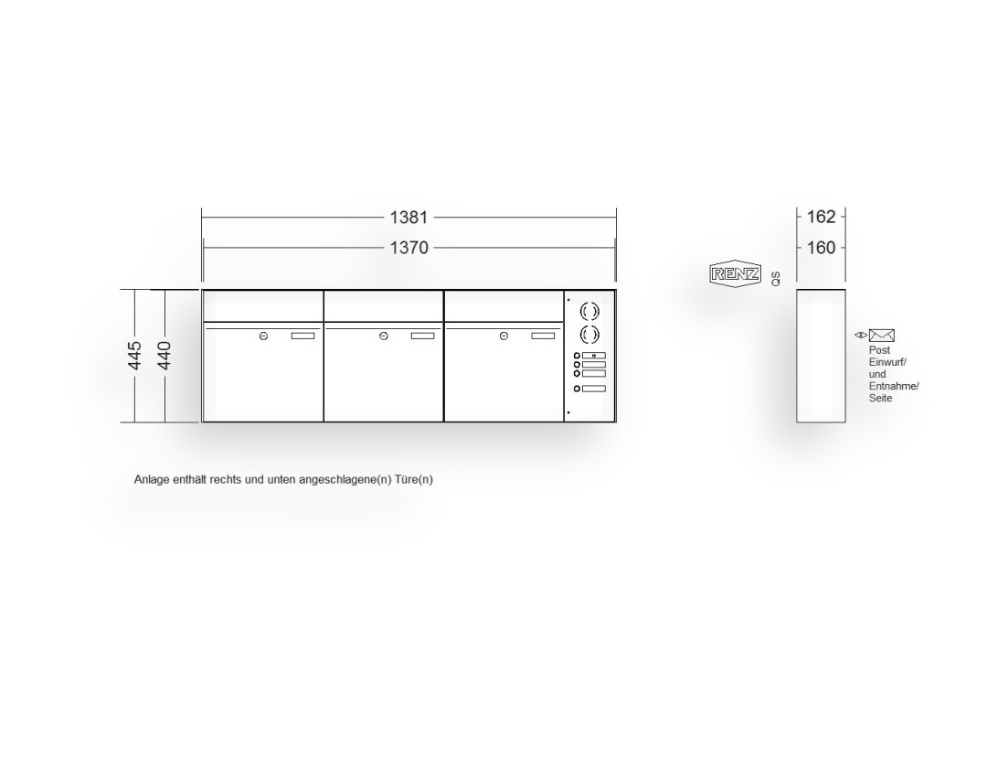 RENZ Briefkastenanlage Aufputz · 3-teilig RENZ PLAN 400 × 440 × 160 mm AP Installationskasten rechts lackiert RENZ Briefkastenanlage Aufputz · 3-teilig RENZ PLAN 400 × 440 × 160 mm AP Installationskasten rechts lackiert